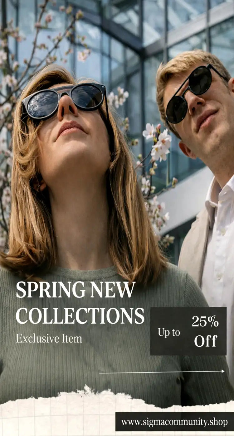 A pair of black-framed sunglasses with dark lenses worn by a woman and man.