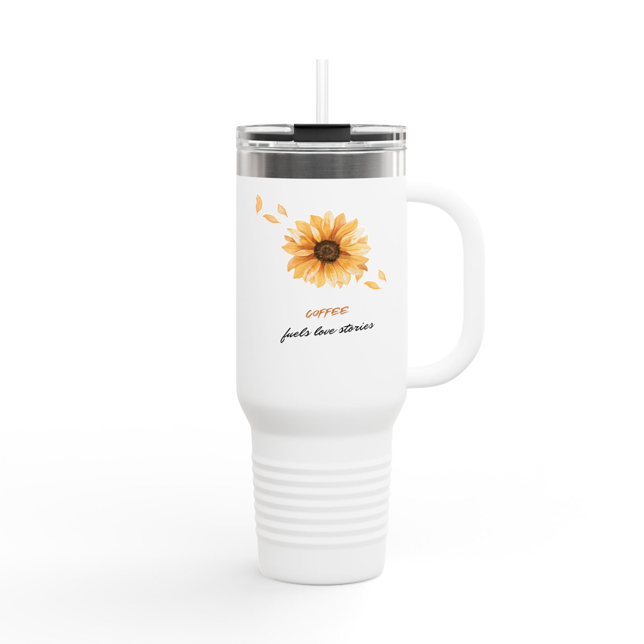 40oz Insulated Travel Mug — White Floral 'Coffee' Design, Leak‑Resistant Tumbler for Commuters & Gift Giving