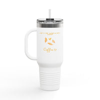 40oz Insulated Travel Mug, White Floral ’Coffee’ Design Leak‑Resistant Tumbler for Commuters & Gift Giving - Mug