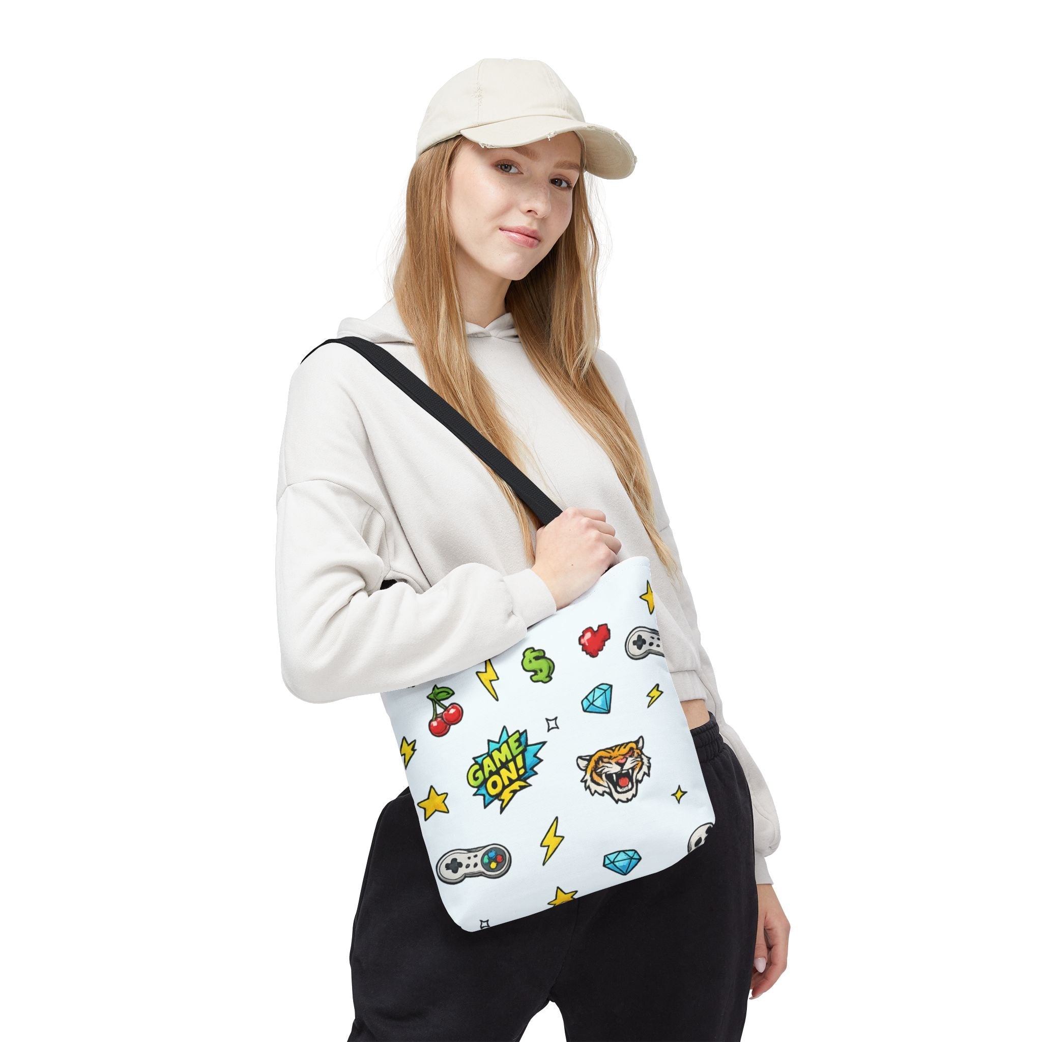 Gamer Patch Pattern Tote Bag — 'Game On' Icon Print All-Over