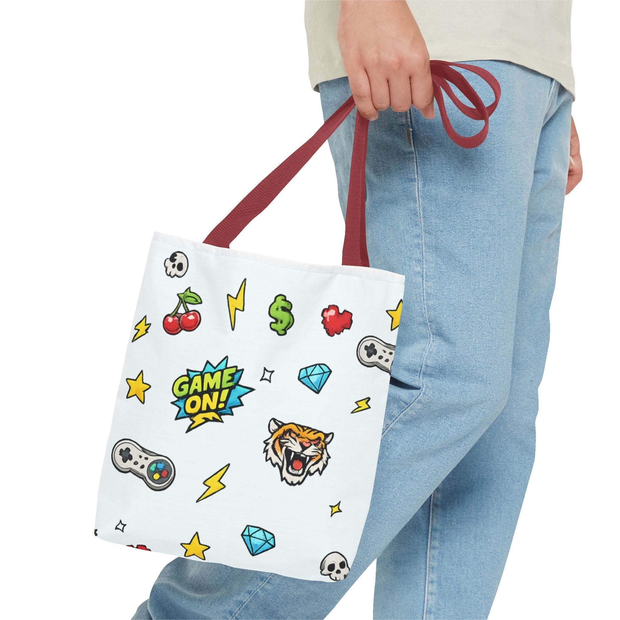 Gamer Patch Pattern Tote Bag, ’Game On’ Icon Print All-Over - Bags